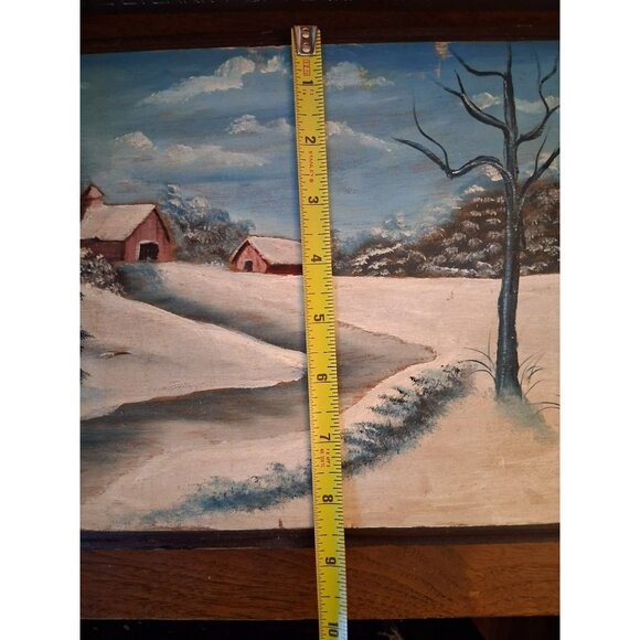 Vintage Winter Landscape Oil Painting On Wood Rustic Mid-Century 12.75" x 8.5" - Picture 9 of 9